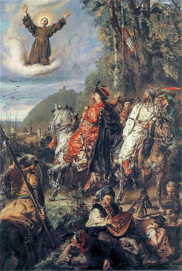 Św. Jan z Dukli jako orędownik podczas obrony Lwowa w 1648 roku. Obraz J. Matejko: „Bohdan Chmielnicki z Tuhaj-Bejem pod Lwowem”, 1885.